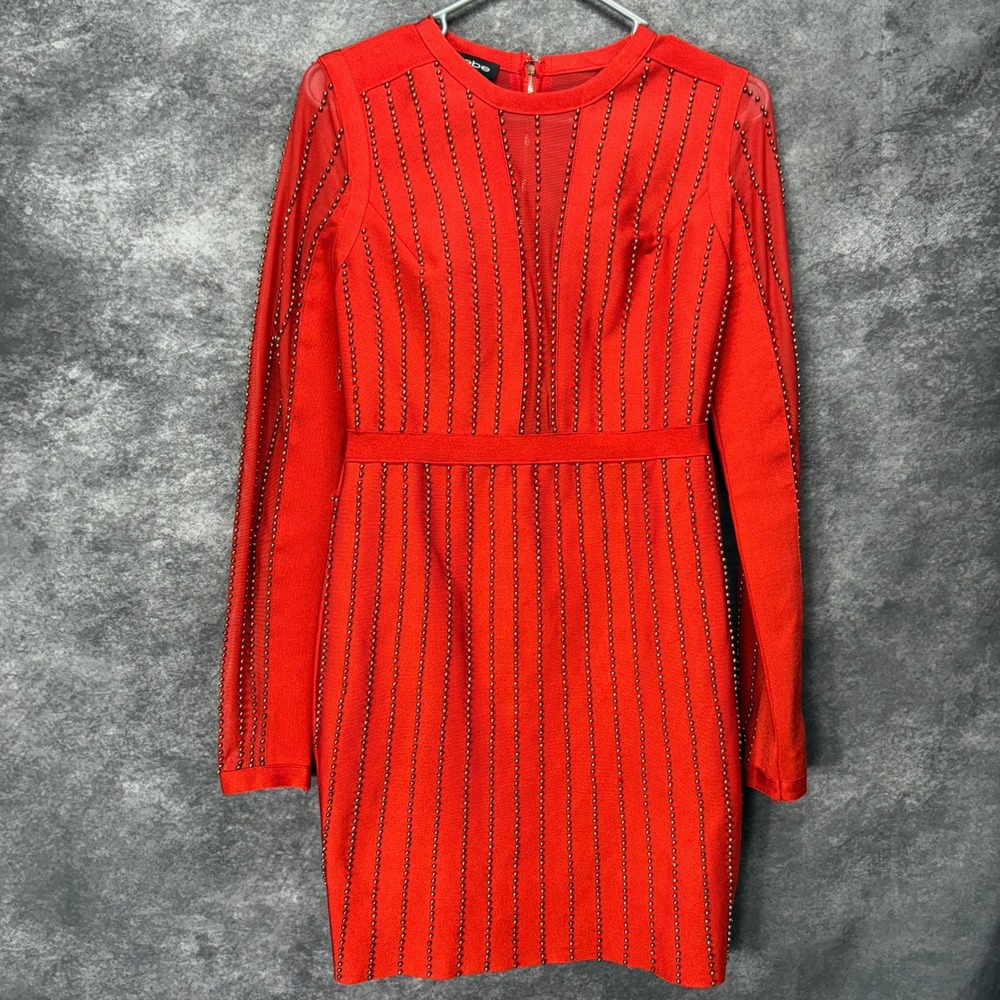 Bebe Beaded Long Sleeve Bodycon Mini Dress Sz S Fiery Red Gold Mesh Deep V Neck